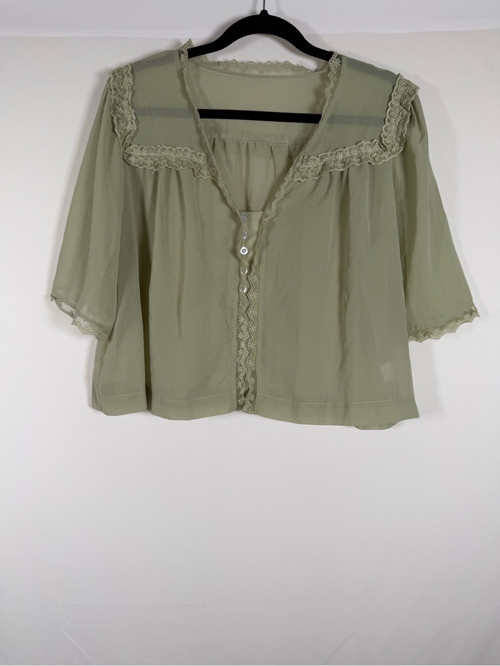 Boho Fairy Grunge Light Olive Lace-Trim Sheer Women's Blouse